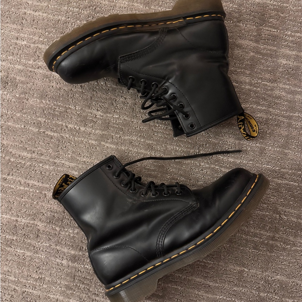 Dr. Martens Black Leather 8-Eye Boots with Yellow Stitching